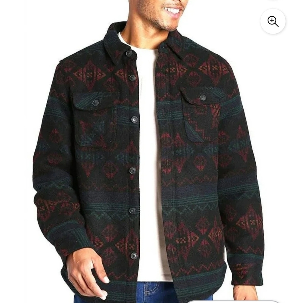 Men's Patterned Shirt Jacket - Black and Red_Men's Small
